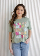 Load image into Gallery viewer, God is Greater Fluffy Heather Sage Tee
