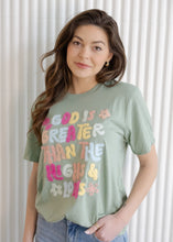 Load image into Gallery viewer, God is Greater Fluffy Heather Sage Tee
