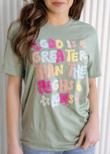Load image into Gallery viewer, God is Greater Fluffy Heather Sage Tee

