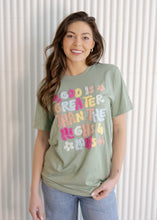 Load image into Gallery viewer, God is Greater Fluffy Heather Sage Tee
