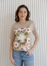 Load image into Gallery viewer, Gold Floral Cross Heather Tan Tee
