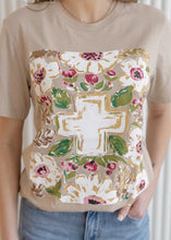 Load image into Gallery viewer, Gold Floral Cross Heather Tan Tee
