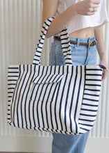 Load image into Gallery viewer, Navy Stripe Terry Cloth Beach Tote
