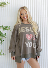 Load image into Gallery viewer, "Jesus Loves You" Olive Patchwork Terry Sweatshirt
