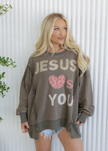 Load image into Gallery viewer, "Jesus Loves You" Olive Patchwork Terry Sweatshirt
