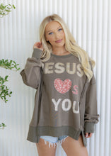 Load image into Gallery viewer, "Jesus Loves You" Olive Patchwork Terry Sweatshirt

