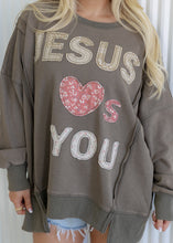 Load image into Gallery viewer, "Jesus Loves You" Olive Patchwork Terry Sweatshirt
