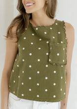 Load image into Gallery viewer, Scalloped Sleeveless Tank Top - Olive Polka Dot
