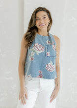 Load image into Gallery viewer, Scalloped Sleeveless Tank Top - Denim Floral
