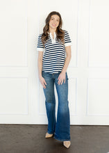 Load image into Gallery viewer, Navy &amp; White Striped Split V-Neck Top
