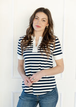Load image into Gallery viewer, Navy &amp; White Striped Split V-Neck Top
