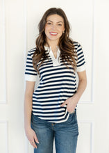 Load image into Gallery viewer, Navy &amp; White Striped Split V-Neck Top
