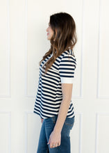 Load image into Gallery viewer, Navy &amp; White Striped Split V-Neck Top
