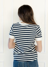 Load image into Gallery viewer, Navy &amp; White Striped Split V-Neck Top

