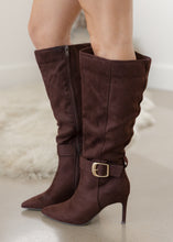 Load image into Gallery viewer, One Way Chocolate Suede Gold Buckle Boots
