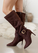 Load image into Gallery viewer, One Way Chocolate Suede Gold Buckle Boots
