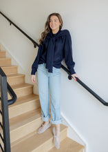 Load image into Gallery viewer, Beau Navy Scarf Tie Sweater
