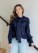 Load image into Gallery viewer, Beau Navy Scarf Tie Sweater
