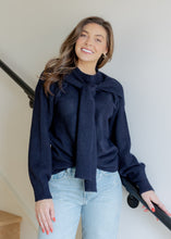 Load image into Gallery viewer, Beau Navy Scarf Tie Sweater
