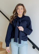Load image into Gallery viewer, Beau Navy Scarf Tie Sweater
