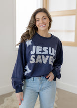 Load image into Gallery viewer, "Jesus Saves" Navy Patchwork Terry Sweatshirt
