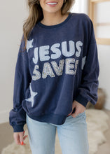 Load image into Gallery viewer, "Jesus Saves" Navy Patchwork Terry Sweatshirt
