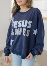 Load image into Gallery viewer, "Jesus Saves" Navy Patchwork Terry Sweatshirt

