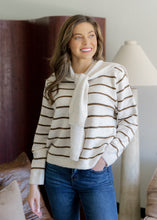 Load image into Gallery viewer, Blair Striped Scarf Tie Sweater - Cream/Brown
