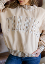 Load image into Gallery viewer, "THANKS" Vintage Gingham Mock Neck Pullover - Latte
