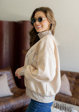 Load image into Gallery viewer, "THANKS" Vintage Gingham Mock Neck Pullover - Latte
