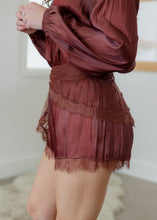 Load image into Gallery viewer, Sabrina Cinnamon Brown Satin Lace Shorts Scarf Set
