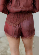 Load image into Gallery viewer, Sabrina Cinnamon Brown Satin Lace Shorts Scarf Set
