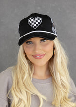 Load image into Gallery viewer, Black &amp; White Checkered Heart Trucker Hat
