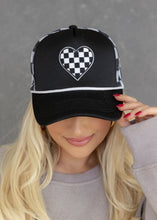 Load image into Gallery viewer, Black &amp; White Checkered Heart Trucker Hat
