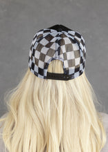 Load image into Gallery viewer, Black &amp; White Checkered Heart Trucker Hat
