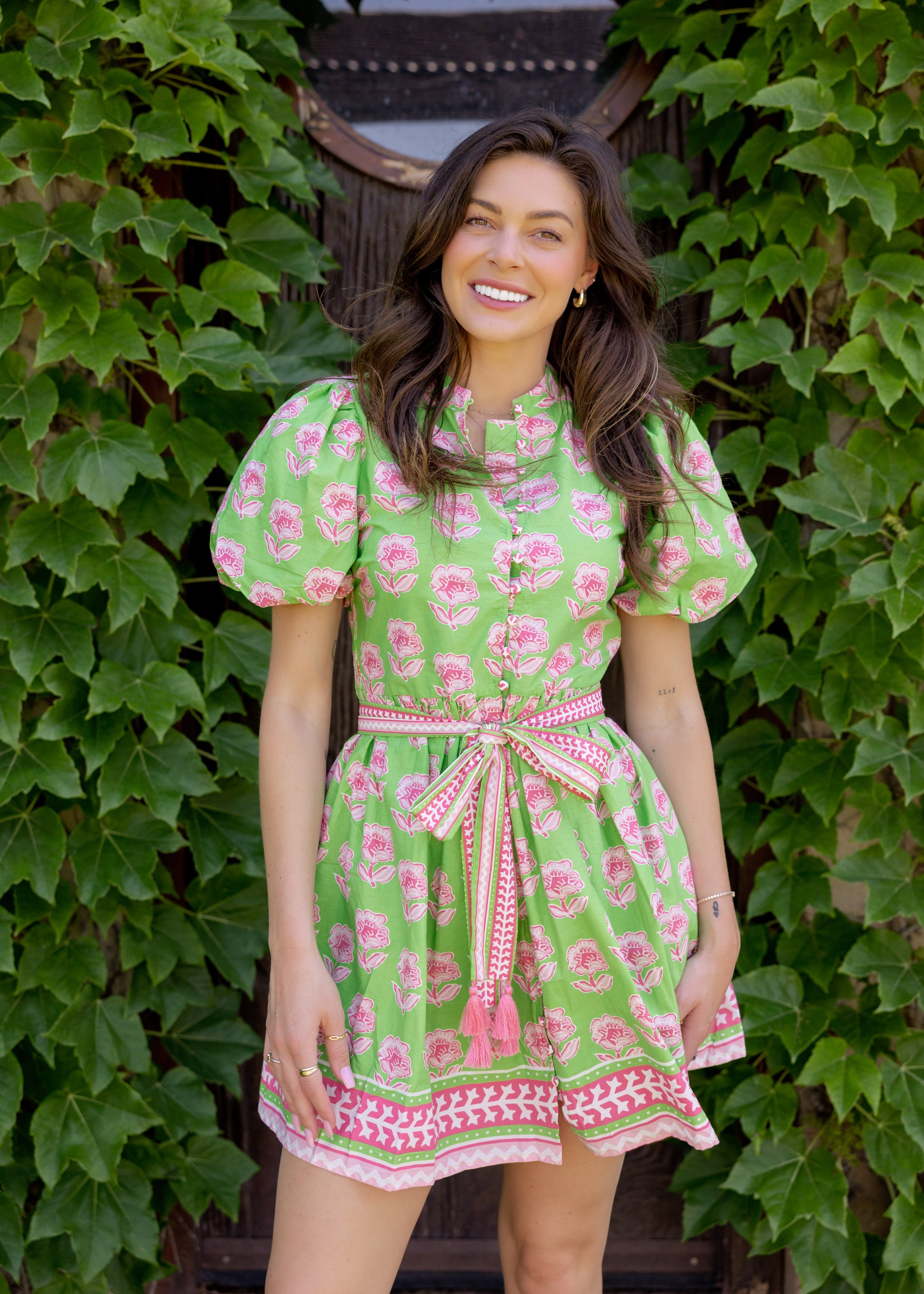 Pink & Green Floral Belted Mini Dress