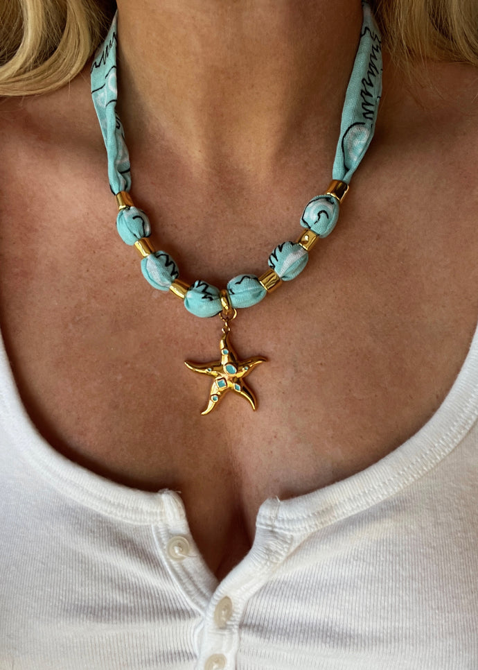 Aqua & Gold Starfish Bandana Necklace