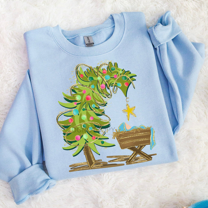 Leaning Tree & Manger Blue Sweatshirt