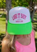 Load image into Gallery viewer, Lake It Easy DTF Printed Neon Green &amp; White Trucker Hat
