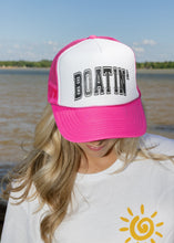 Load image into Gallery viewer, Boatin' DTF Printed Hot Pink and White Trucker Hat
