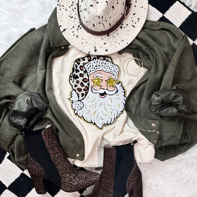 Sequin Leopard Santa Starry Eyes Patch Ivory Tee