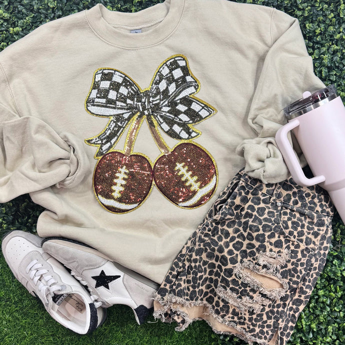 Sequin Football Cherries & Bow Patch Sand Sweatshirt