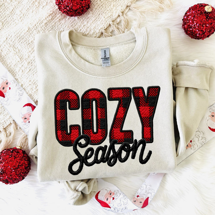 Faux Embroidered Buffalo Plaid Cozy Season Sweatshirt
