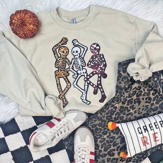 Sequin Dancing Skeletons Patch Sand Sweatshirt