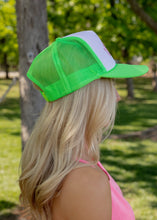 Load image into Gallery viewer, Lake It Easy DTF Printed Neon Green &amp; White Trucker Hat
