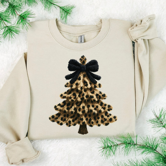 Faux Yarn Leopard Bow Tree Sand Sweatshirt