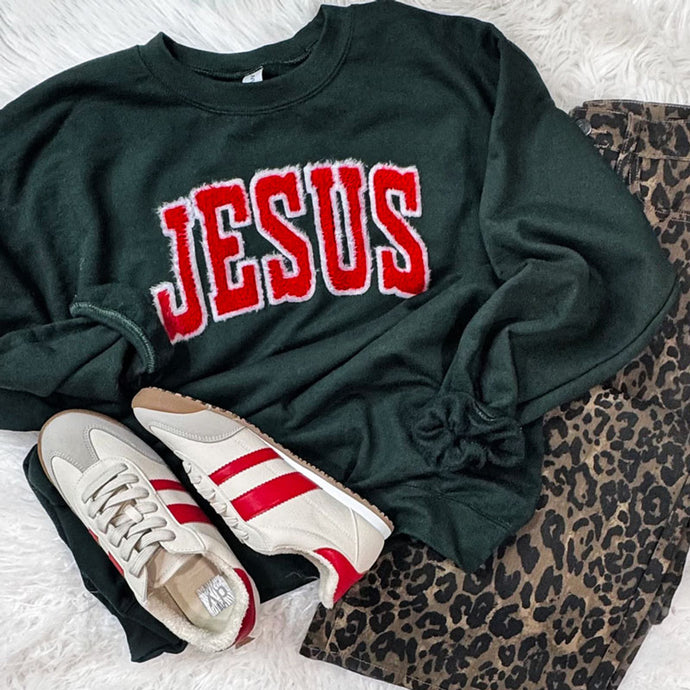 Fluffy Jesus Red Forest Green Sweatshirt