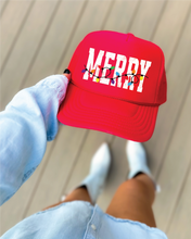 Load image into Gallery viewer, Merry Hat Christmas lights DTF on Red Foam Trucker Hat
