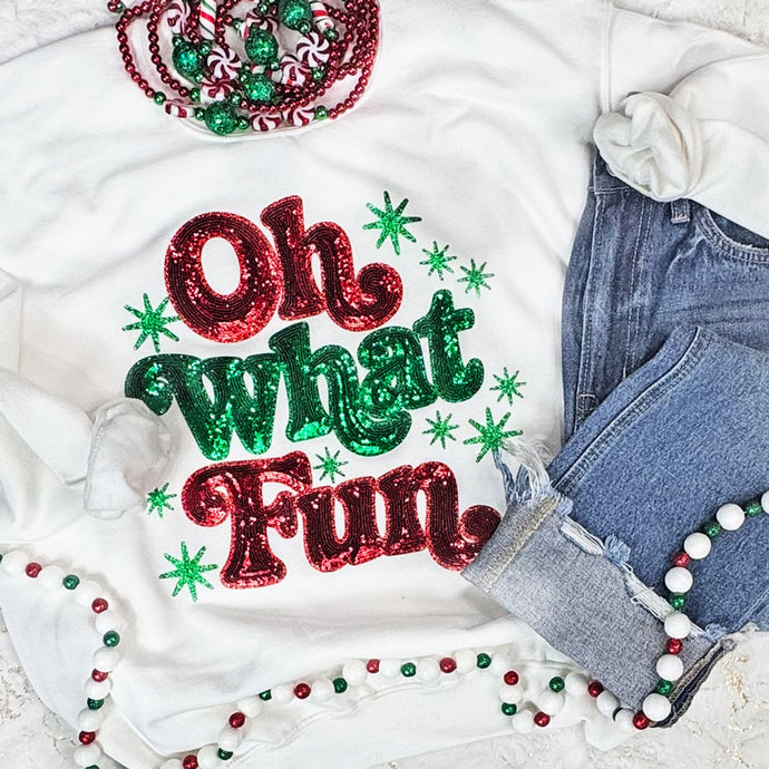 Sequin Oh What Fun Patch White Sweatshirt