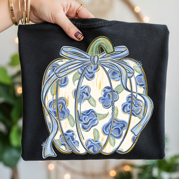 Blue Floral Pumpkin Black Tee